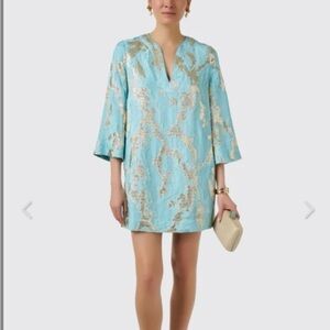 Mestiza Ines Turquoise and Gold Jacquard Dress